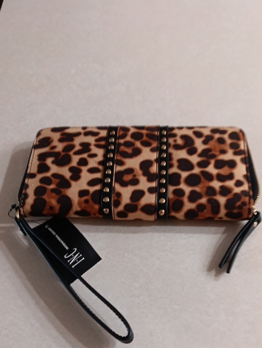 INC Leopard Print Zip-Around Wristlet Wallet with Stud Detail